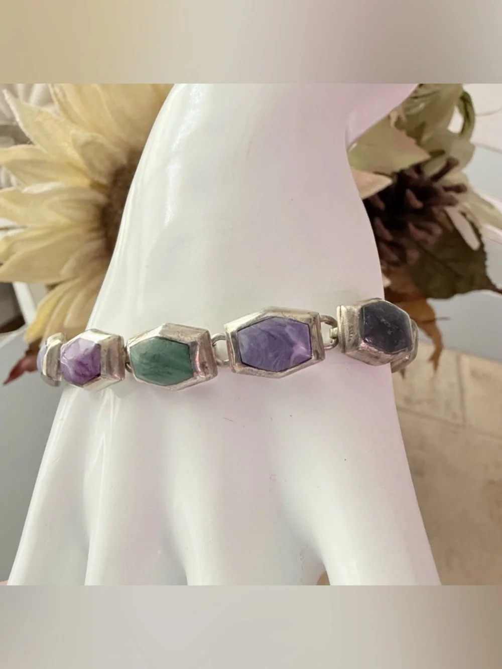 Vintage Taxco 925 Sterling Silver & Stone Bracelet - Picture 10 of 12